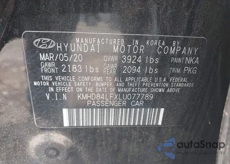2020 Hyundai Elantra Sel from USA, damaged, VIN KMHD84LFXLU077789